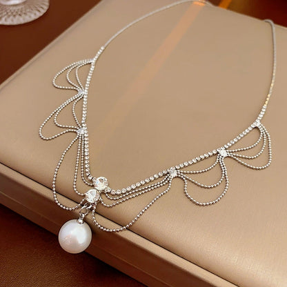 14K Gold-Plated Diamond Pearl Tassel Hollow Necklace