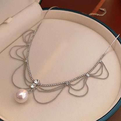 14K Gold-Plated Diamond Pearl Tassel Hollow Necklace