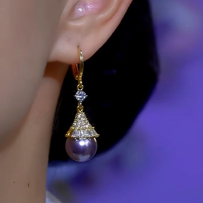14K Gold-Plated Diamond Purple Pearl Earrings
