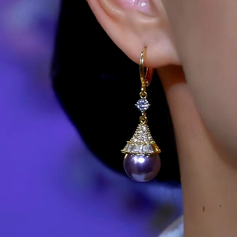14K Gold-Plated Diamond Purple Pearl Earrings