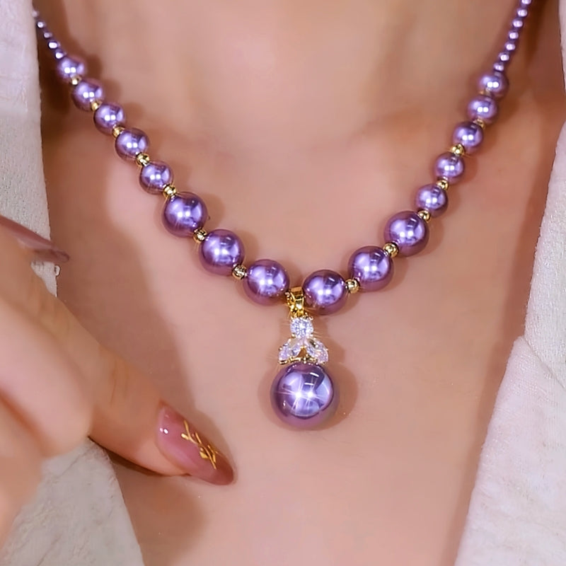 14K Gold-Plated Diamond Purple Pearl Necklace