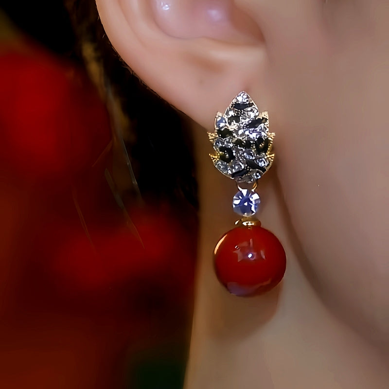 14K Gold-Plated Diamond Red Pearl Earrings