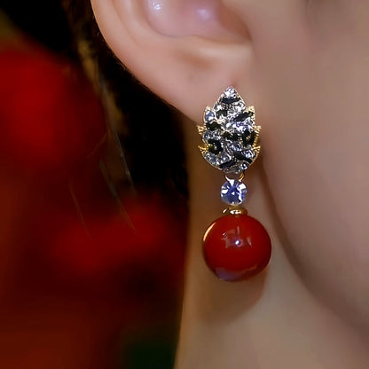 14K Gold-Plated Diamond Red Pearl Earrings