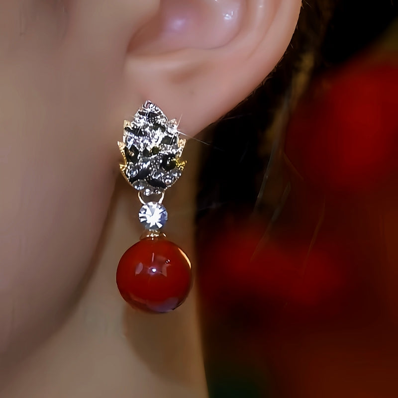14K Gold-Plated Diamond Red Pearl Earrings