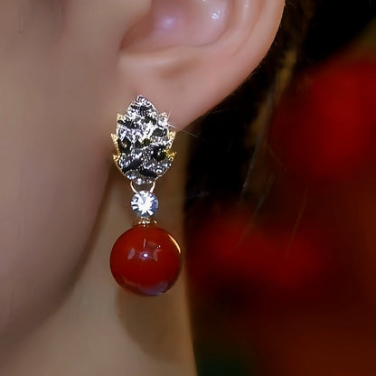 14K Gold-Plated Diamond Red Pearl Earrings
