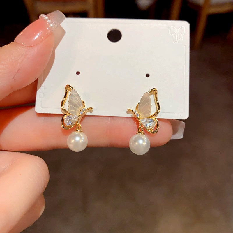 14K Gold-Plated Diamond Shell Butterfly Pearl Earrings