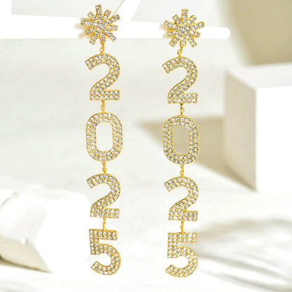 14K Gold-Plated Diamond Snowflake 2025 Digital Earrings