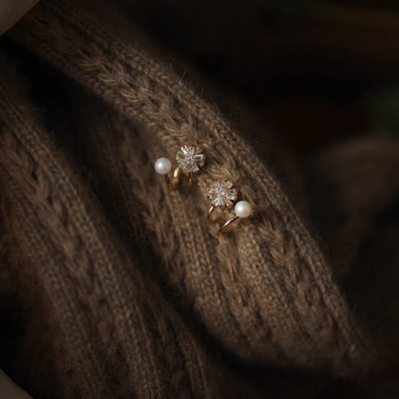 14K Gold-Plated Diamond Snowflake Pearl Studs