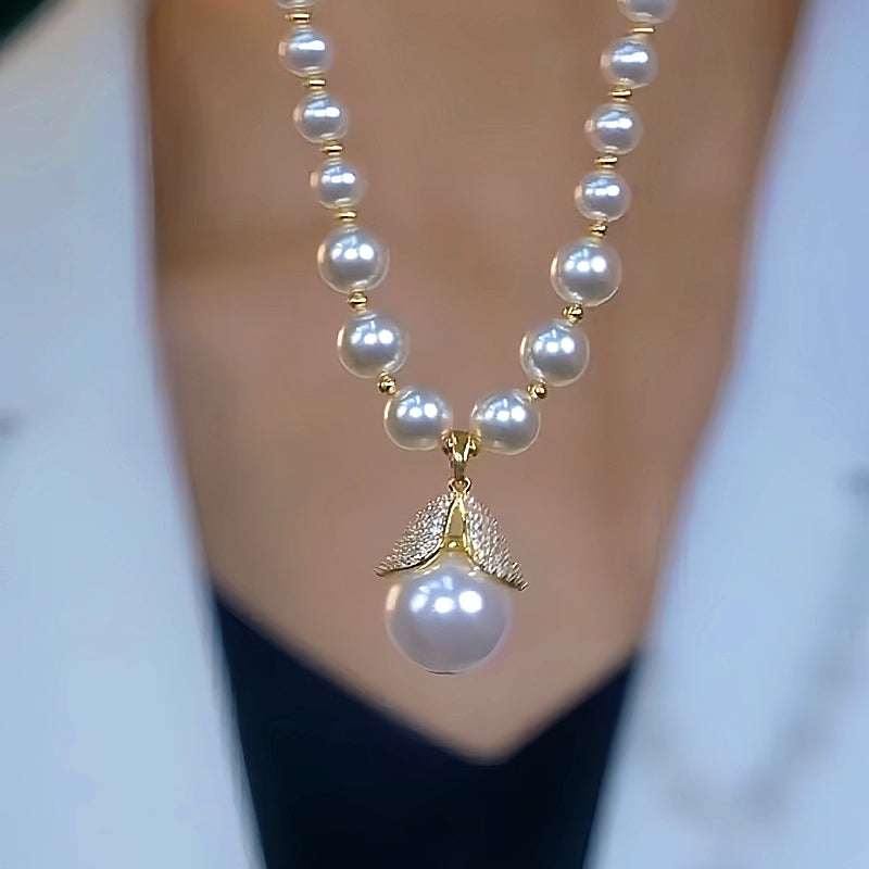 14K Gold-Plated Diamond White Pearl Necklace