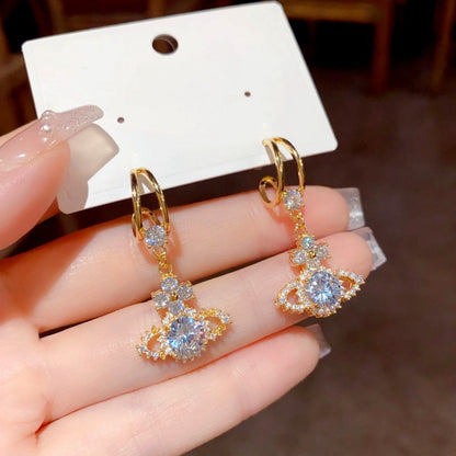 14K Gold-Plated Diamond Zircon Planet Earrings