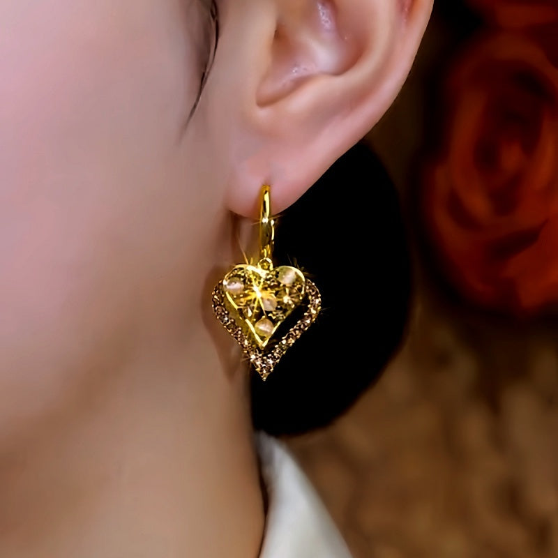 14K Gold-Plated Double-Layer Cat's Eye Stone Brown Diamond Heart Earrings