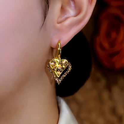 14K Gold-Plated Double-Layer Cat's Eye Stone Brown Diamond Heart Earrings