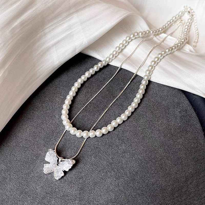 14K Gold-Plated Double-Layer Crystal Butterfly Pearl Necklaces
