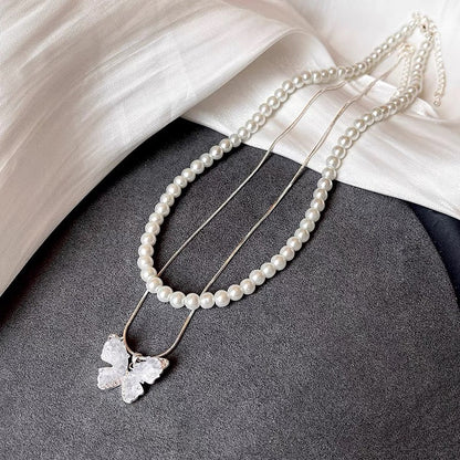 14K Gold-Plated Double-Layer Crystal Butterfly Pearl Necklaces