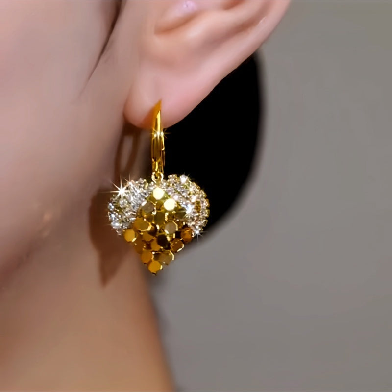 14K Gold-Plated Double-Layer Diamond Sequin Heart Earrings