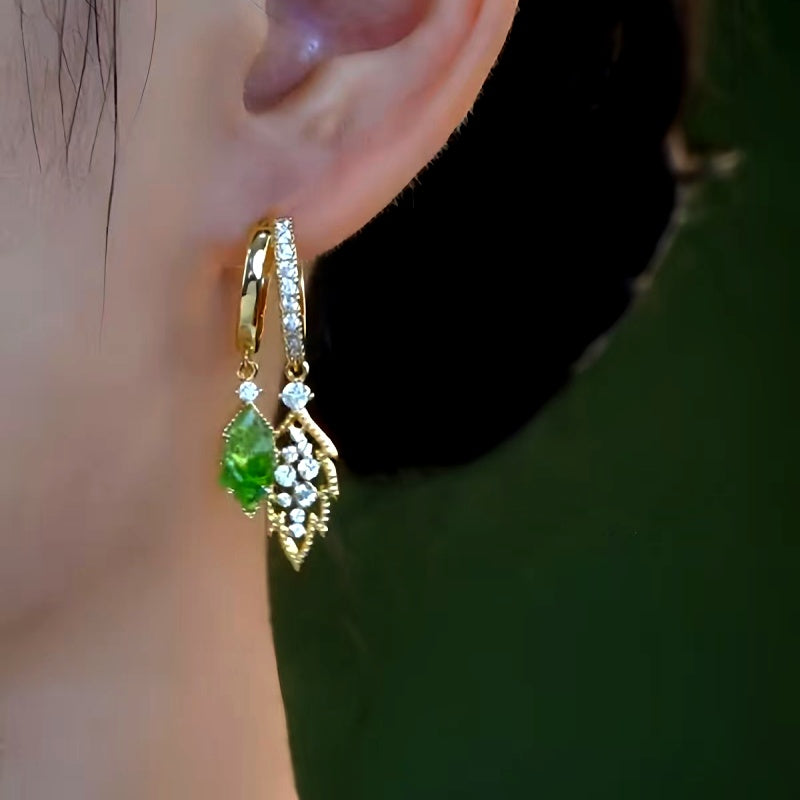 14K Gold-Plated Double-Layer Green Diamond Leaf Earrings