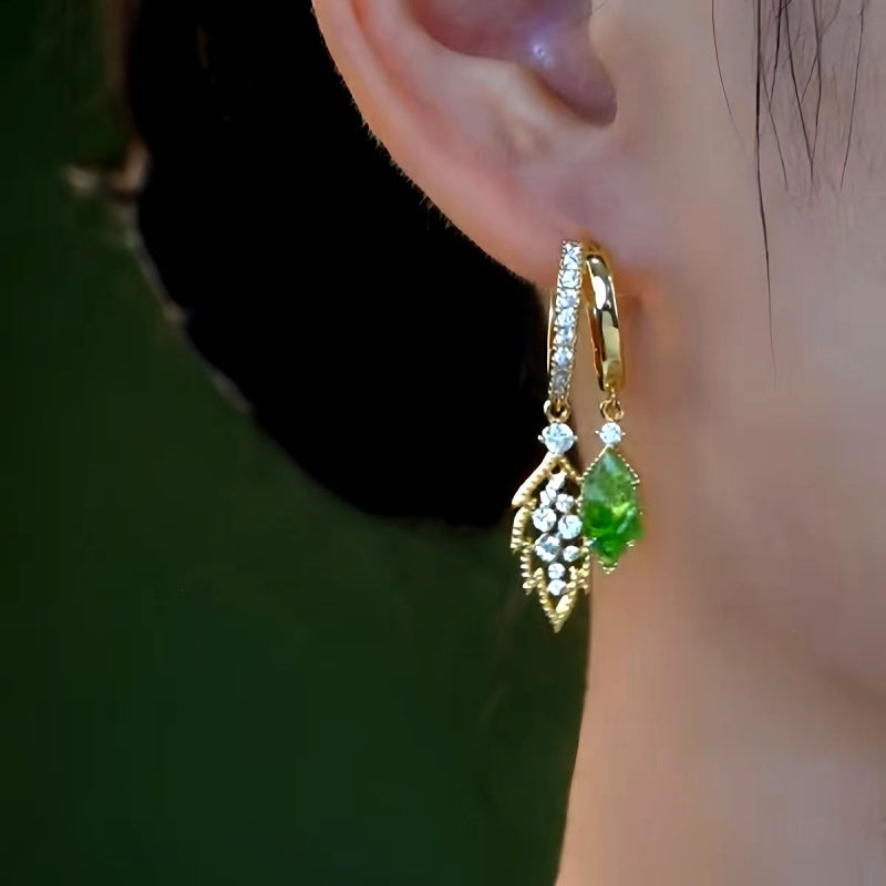 14K Gold-Plated Double-Layer Green Diamond Leaf Earrings