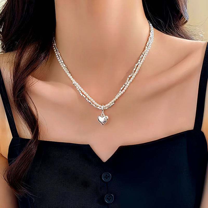 14K Gold-Plated Double-Layer Silver Heart Pendant Necklace