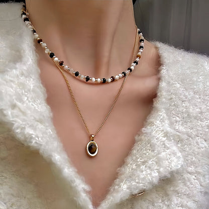 14K Gold-Plated Double-Layered Tiger Eye Stone Pendant Necklace