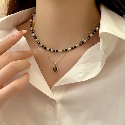 14K Gold-Plated Double-Layered Tiger Eye Stone Pendant Necklace