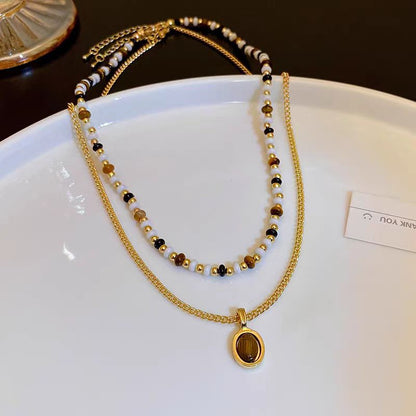14K Gold-Plated Double-Layered Tiger Eye Stone Pendant Necklace