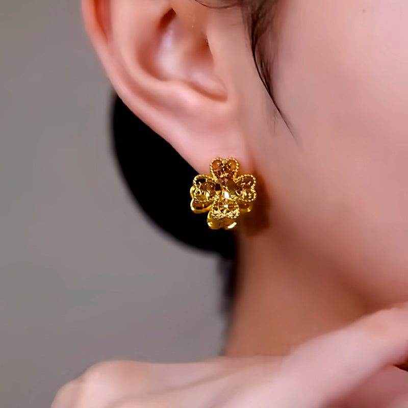 14K Gold-Plated Double-Sided Cat's Eye Flower Earrings