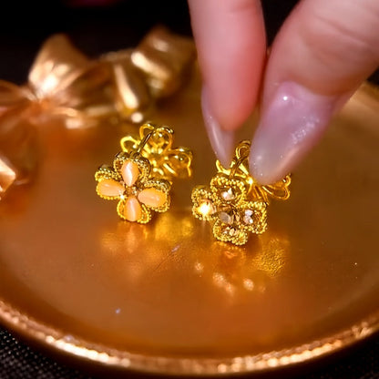 14K Gold-Plated Double-Sided Cat's Eye Flower Earrings