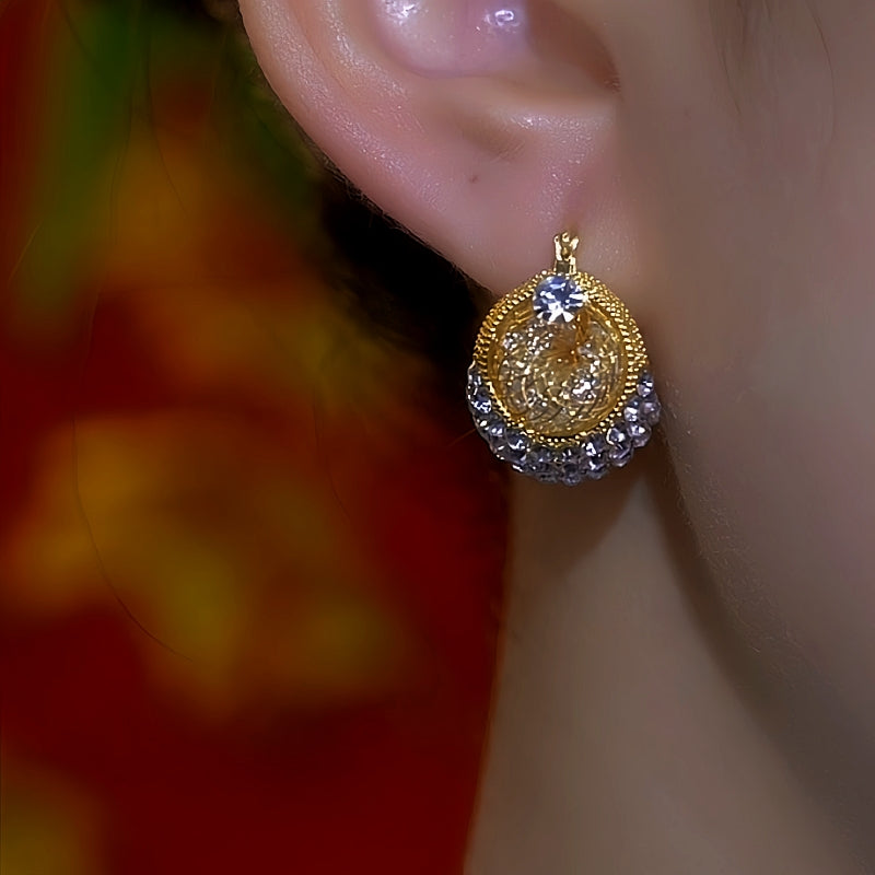 14K Gold-Plated Double-Sided Mesh Zircon Diamond Earrings