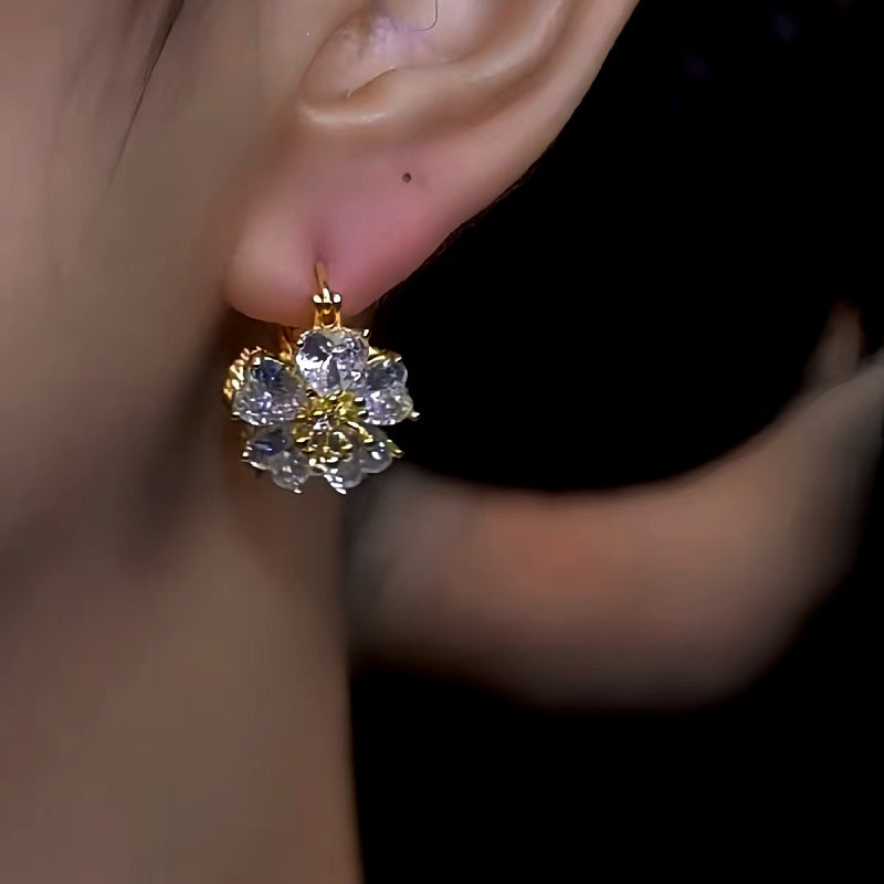 14K Gold-Plated Double-Sided Zircon Flower Earrings