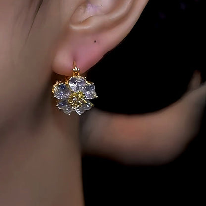 14K Gold-Plated Double-Sided Zircon Flower Earrings