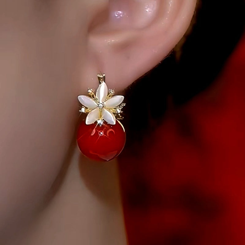 14K Gold-Plated Double-Sided Zircon Pearl Flower Earrings