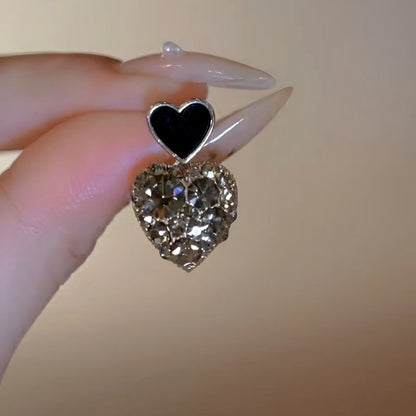 14K Gold-Plated Elegan Black Heart Rhinestone Earrings