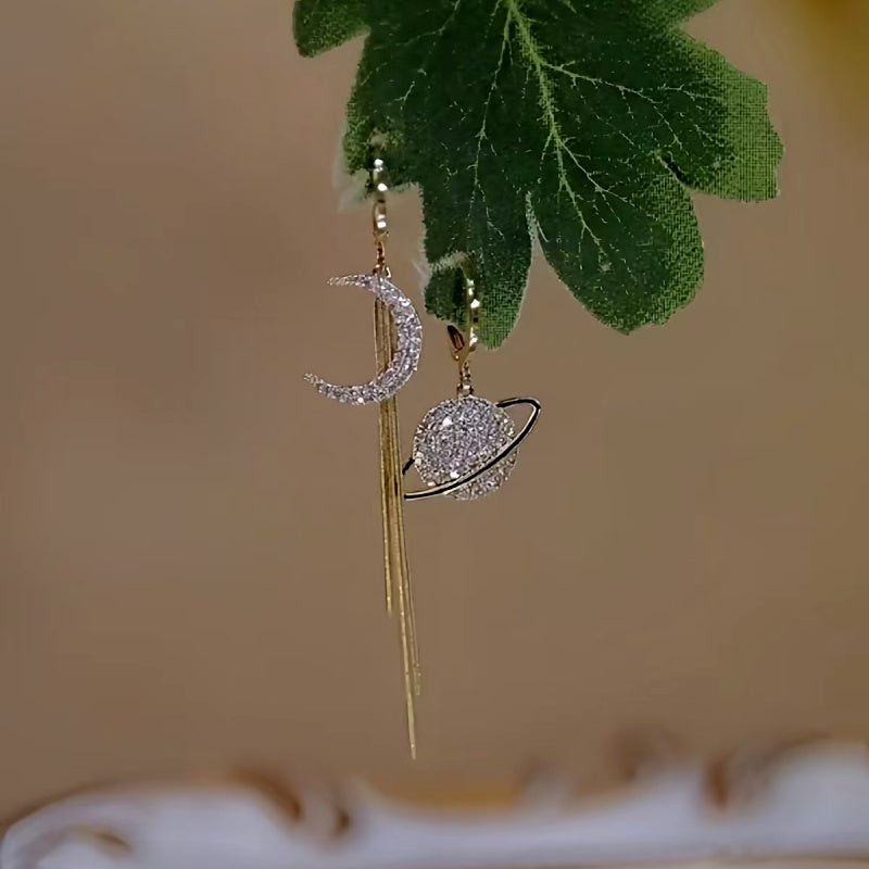 14K Gold-Plated Elegant Asymmetrical Planet Moon Earrings