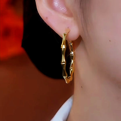 14K Gold-Plated Elegant Bamboo Exaggerated Large Hoop Earrings