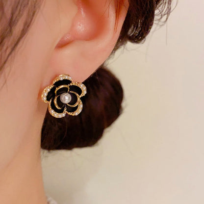 14K Gold-Plated Elegant Black Camellia Stud Earrings