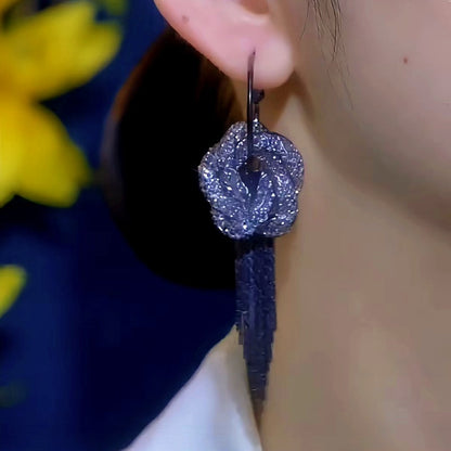 14K Gold-Plated Elegant Black Mesh Crystal Flower Earrings