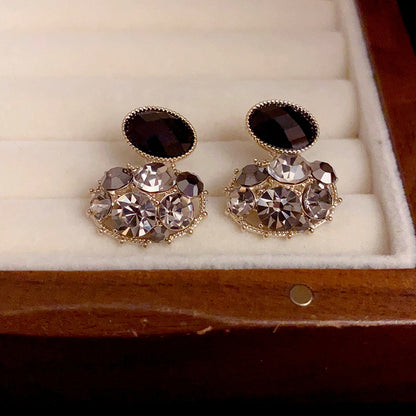 14K Gold-Plated Elegant Black Oval Full Diamond Earrings