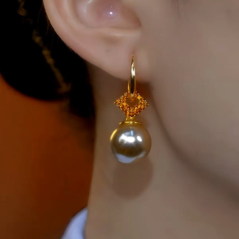 14K Gold-Plated Elegant Brown Zircon Pearl Earrings