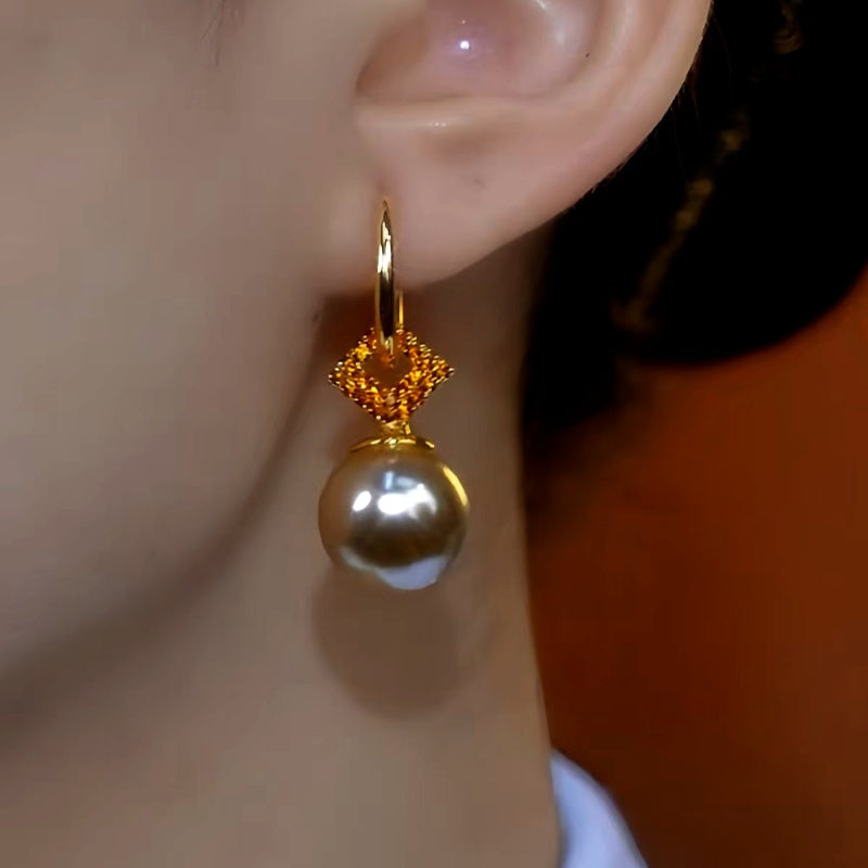 14K Gold-Plated Elegant Brown Zircon Pearl Earrings