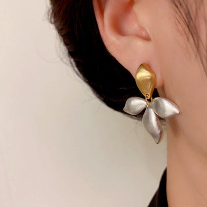 14K Gold-Plated Elegant Brushed Gold And Silver Contrast Leaf Earrings