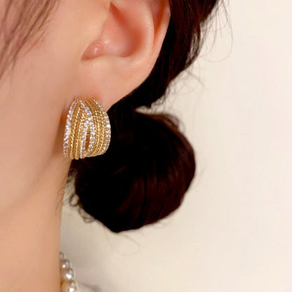 14K Gold-Plated Elegant C-Shaped Diamond Earrings