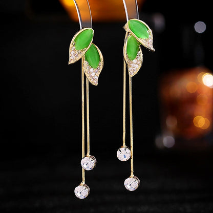 14K Gold-Plated Elegant Cat's Eye Leaf Tassel Earrings