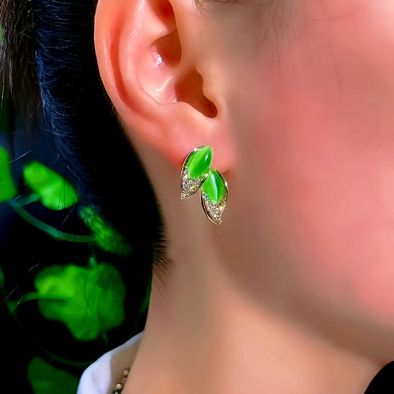 14K Gold-Plated Elegant Cat's Eye Leaf Tassel Earrings