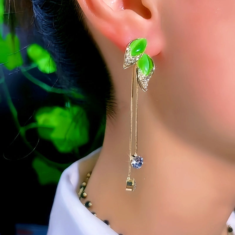 14K Gold-Plated Elegant Cat's Eye Leaf Tassel Earrings