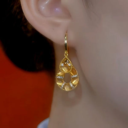 14K Gold-Plated Elegant Cat's Eye Stone Water Drop Earrings