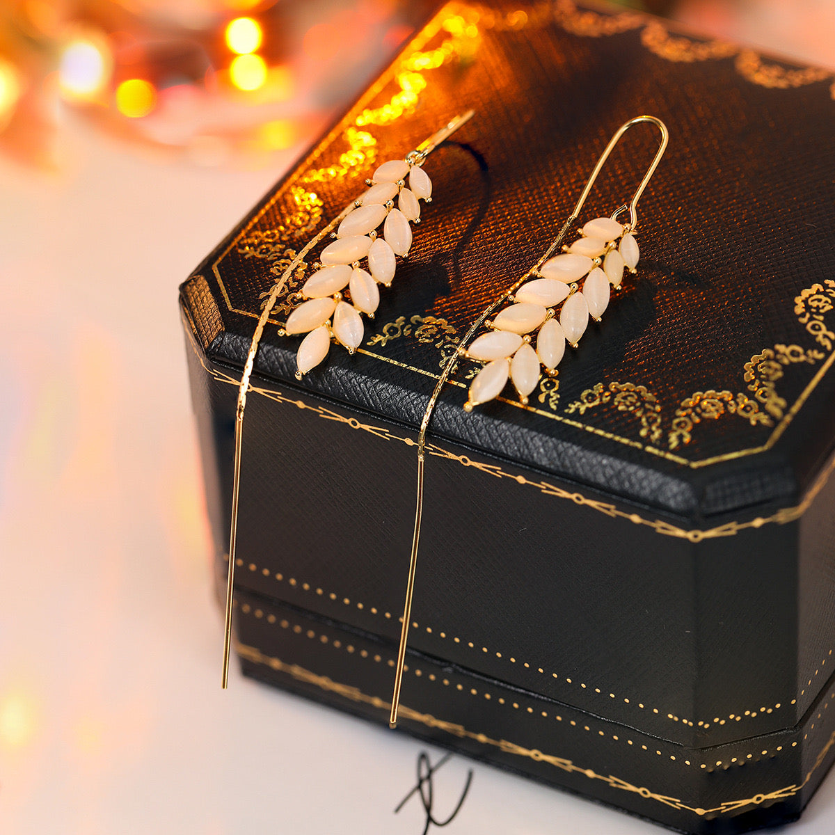 14K Gold-Plated Elegant Cat's Eye Wheat Threader Earrings