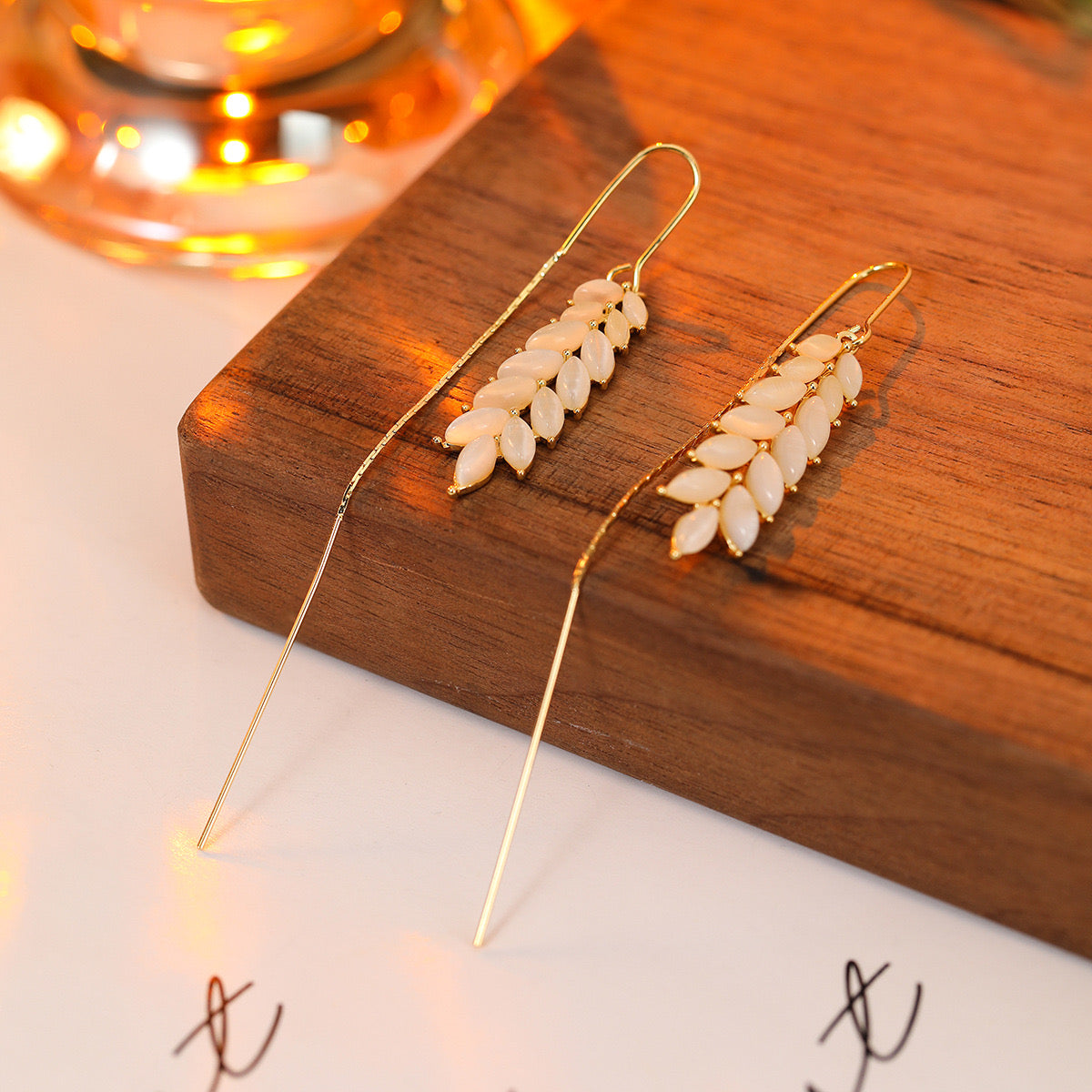 14K Gold-Plated Elegant Cat's Eye Wheat Threader Earrings
