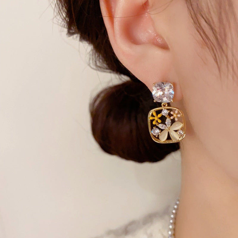 14K Gold-Plated Elegant Cat's Eye stone Flower Square Earrings