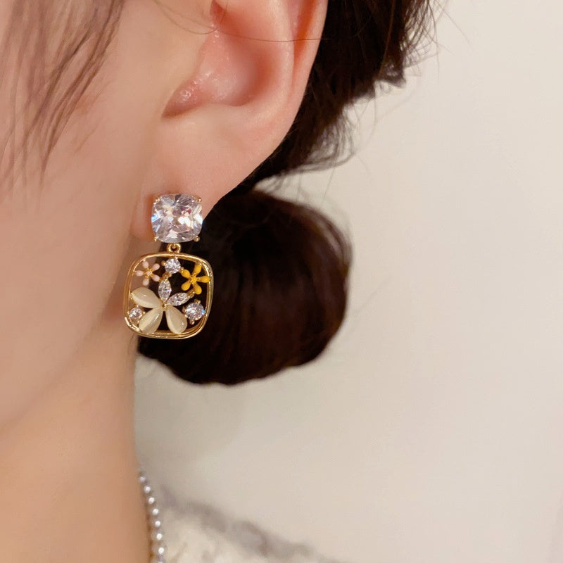 14K Gold-Plated Elegant Cat's Eye stone Flower Square Earrings