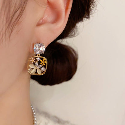 14K Gold-Plated Elegant Cat's Eye stone Flower Square Earrings